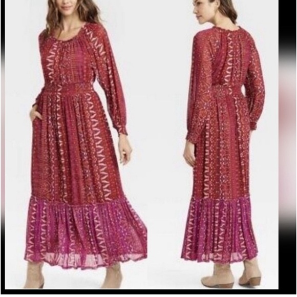 Women's - Knox Rose Deep Hibiscus Long
Sleeve Maxi Dress Smocked Mesh Dress new - Picture 2 of 8